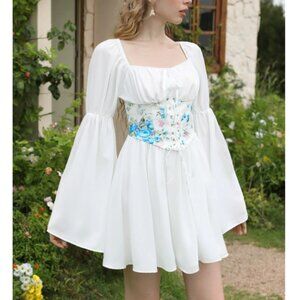 SHEIN MOD Floral Print Bell Sleeve Corset Waist Tie Front 2 In 1 Dress Large